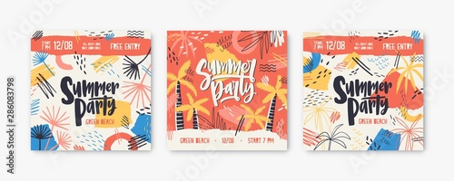 Bundle of square banner or invitation templates decorated by exotic palm trees, stains and scribble for summer party or open air festival. Modern vector illustration for seasonal event announcement.