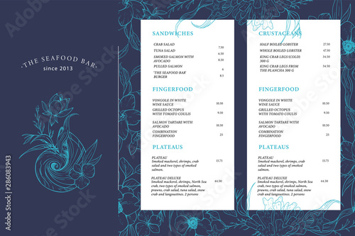 Blue menu template for a fish restaurant. Seafood. Vector design menu with marine elements: algae, shells, seahorse, corals.