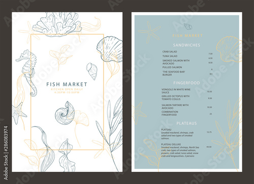 Food brochure for a fish restaurant. Seafood. Menu template. Vector design menu with marine elements: algae, shells, seahorse, corals.