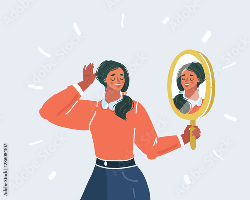 Young woman looking herself reflection in mirror