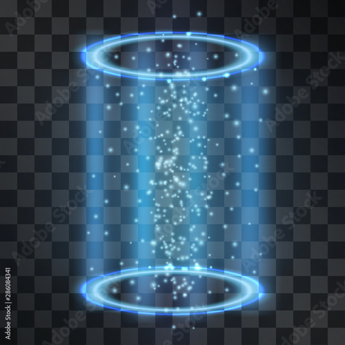 Sci fi blue light space travel portal vector isolated on transparent background. Swirling luminous podium for presentation, posters, ads, banners. Magical holographic tunnel, club projector spotlight.