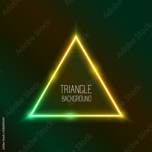 Vector abstract neon triangle light effect background. Glowing decorative effect of luminous geometric shape. Green and yellow gleaming. Illuminating frame illustration for banners, posters.