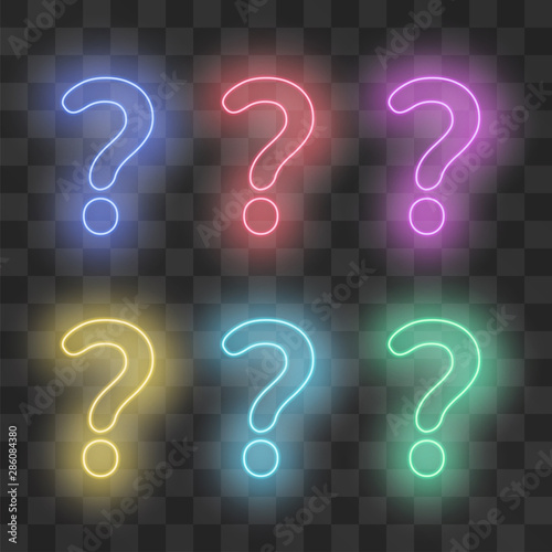 Neon light question sign set isolated on white. Quiz or question and answer theme poster or banner, helpful faq, information board. Q and A icon. Demanded information symbol. Quest room logo. Help ads