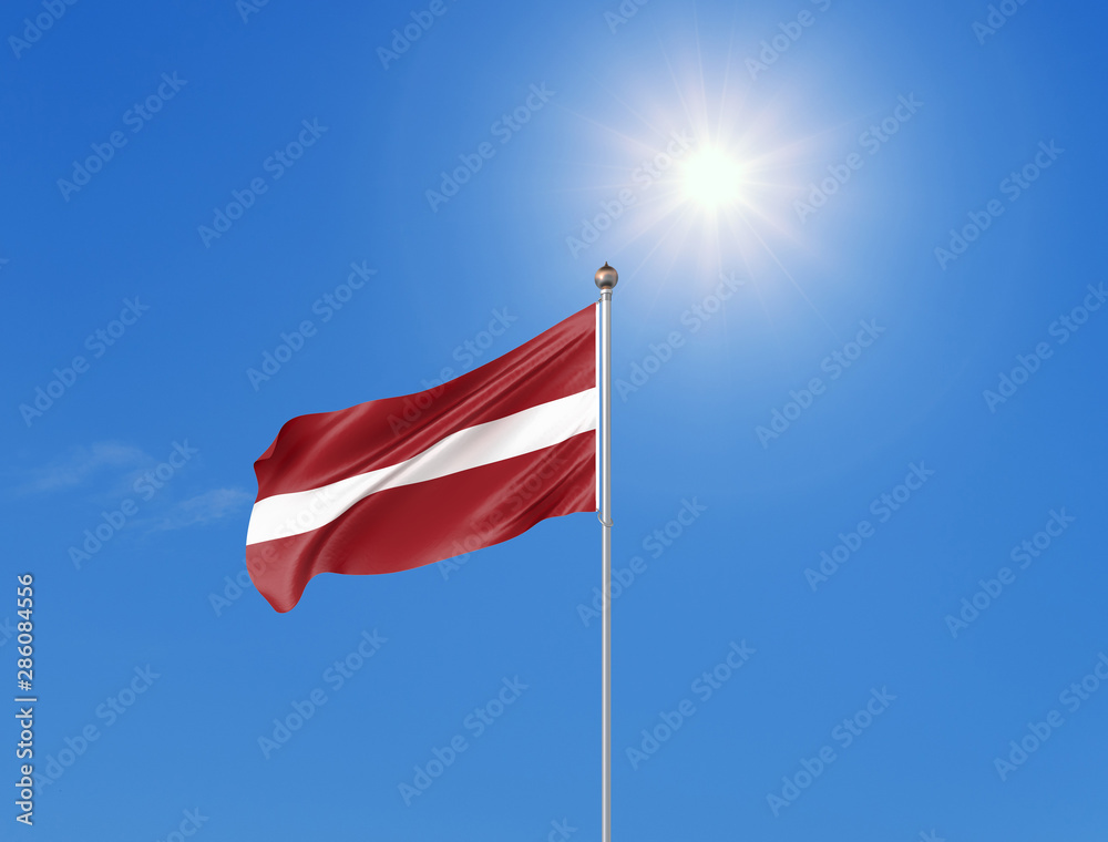 3D illustration. Colored waving flag of Latvia on sunny blue sky background. 3D illustration. Colored waving flag of Latvia on sunny blue sky background.