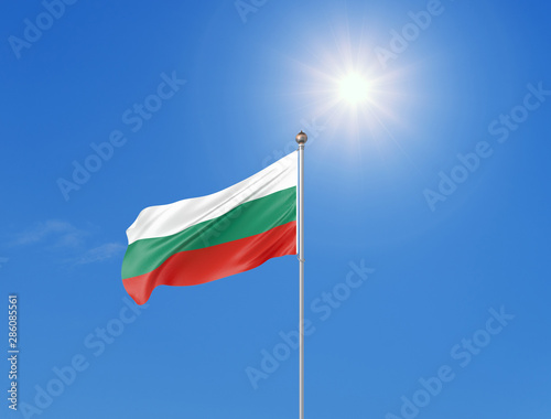 3D illustration. Colored waving flag of Bulgaria on sunny blue sky background.