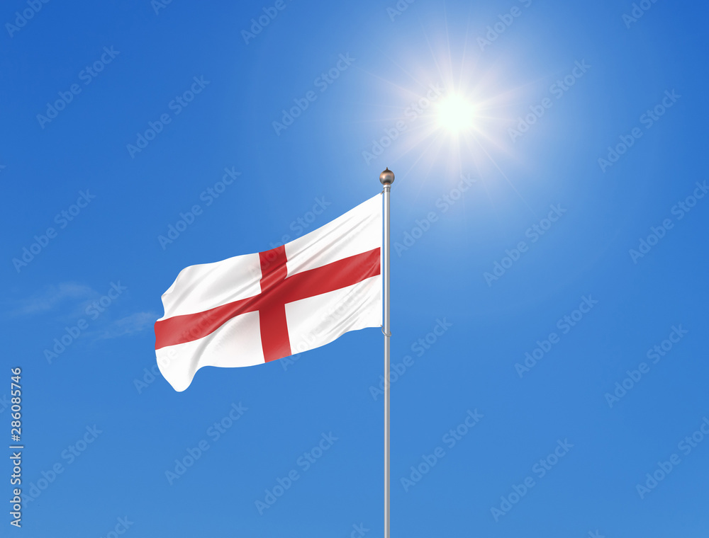 3D illustration. Colored waving flag of England on sunny blue sky background. 3D illustration. Colored waving flag of England on sunny blue sky background.