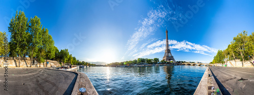 Scenic panorama of the Eiffel Tower and the riverside of Seine in Paris, France. 360 degree panoramic view