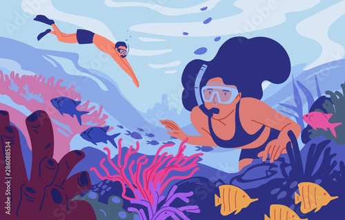 Young man and woman in diving masks swimming in sea or ocean and observing coral reef. Pair of snorkelers watching marine fauna. Underwater recreational activity. Flat cartoon vector illustration.