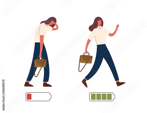 Set of happy and unhappy female office workers and vital power or battery charge indicator. Energetic and tired or exhausted girls and life energy indicaion. Flat cartoon colorful vector illustration.