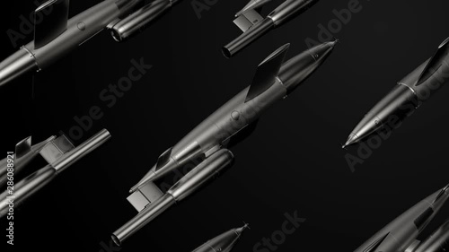 3d loopable render of missile. Pattern made of repetitive metal missiles or bomb shapes. Military theme.