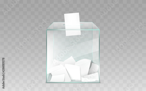 Square glass ballot box filled with blank white ballot paper sheets 3d realistic vector illustration isolated on transparent background. Democratic elections or confidential polling technology element