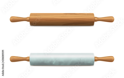 Classic wooden, marble stone, porcelain or plastic rolling pin with handles 3d realistic vector isolated on white background. Food preparation utensil for dough flattening for baking cook illustration
