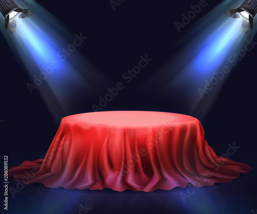 New product presentation 3d realistic vector concept with empty podium or pedestal covered red silk fabric and illuminated in darkness with bright direct beams of stage searchlights illustration.....