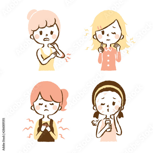 Illustration set where women suffer from beauty