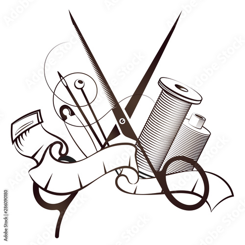 Scissors and needle cutting and sewing vector