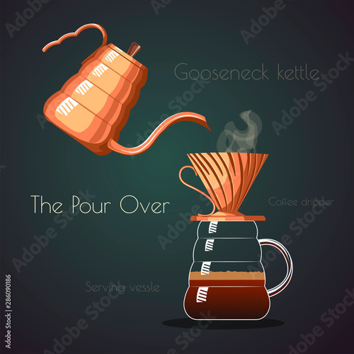 Serving vessel with coffee dripper and gooseneck kettle on the dark background. Coffee brewing methods, pour over concept. Vector illustration for poster, banner, card, menu, presentation.