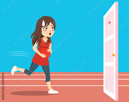 Young pregnant woman running to bathroom door pee urgency funny runner concept