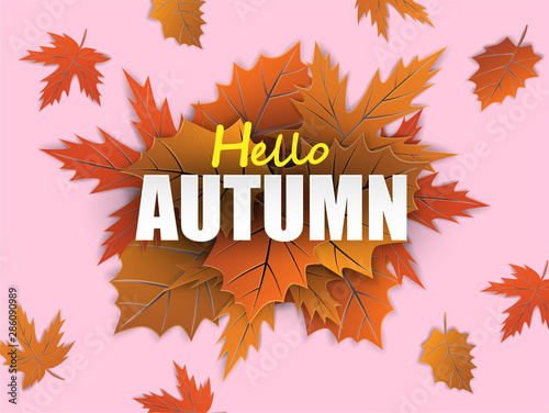 Autumn sale background. design with autumn leaves on pink background. Vector.