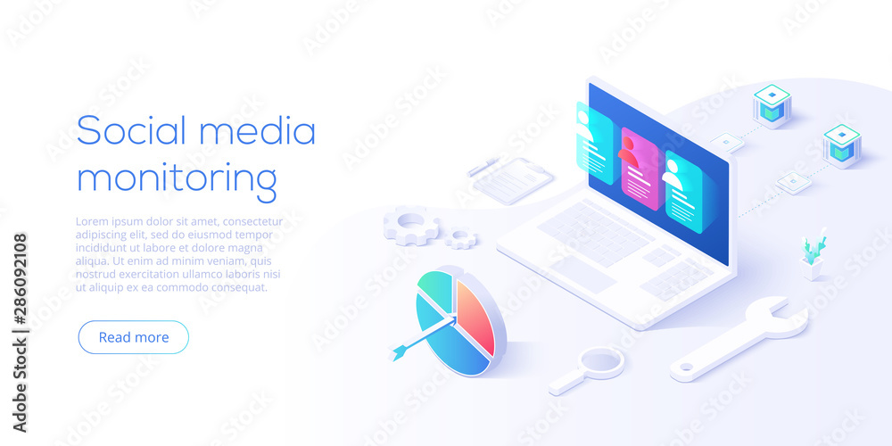 Social media monitoring concept in isometric vector design. Online internet marketing analysis or business monitoring tools. User engagement metrics or measure technology.