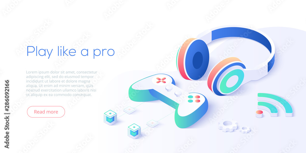 Video game controller and headphones set in isometric vector illustration.  Videogame console joystick connected via wi-fi internet. Web banner layout  template for website or social media. vector de Stock | Adobe Stock