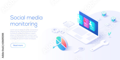 Social media monitoring concept in isometric vector design. Online internet marketing analysis or business monitoring tools. User engagement metrics or measure technology.