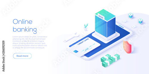 Online mobile banking transaction concept in isometric vector design. Digital payment or online cashback service. Withdraw deposit with smartphone. Web banner for website layout template.