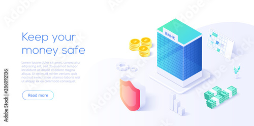 Bank building in money transaction concept in isometric vector design. Payment transfer or making deposit or investment. Web banner for website layout template.