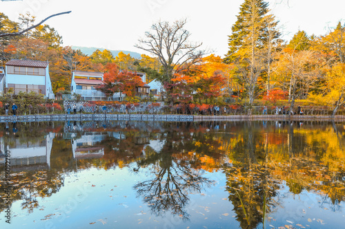 Beautiful Japan autumn at Kumoba Pond or Kumoba ike of Karuizawa ,Nagano Prefecture Japan.