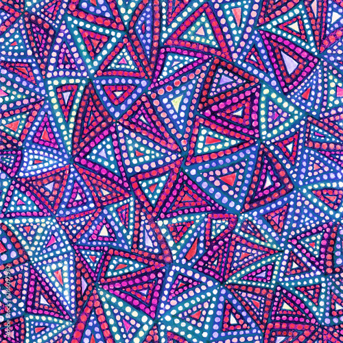 Bright abstract geometric seamless pattern in graffiti style. Handdrawn tribal geometric pattern. Color boho styled doodle background.