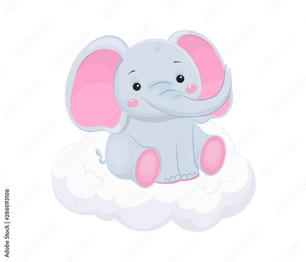 Fototapeta premium Cute grey elephant on cloud. Children illustration