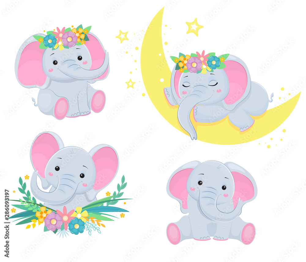 Obraz Collection of cute grey elephants. Children illustration