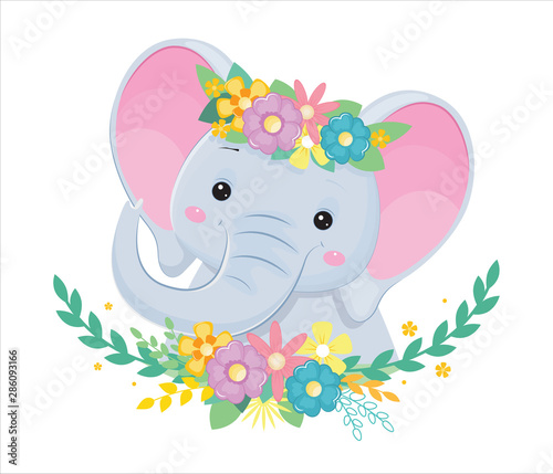 Head of grey elephant in flowers. Children illustration