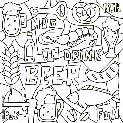 Monochrome doodle poster of beer theme. Pint  snack  lettering. Contour vector illustration. Square hand drawn background