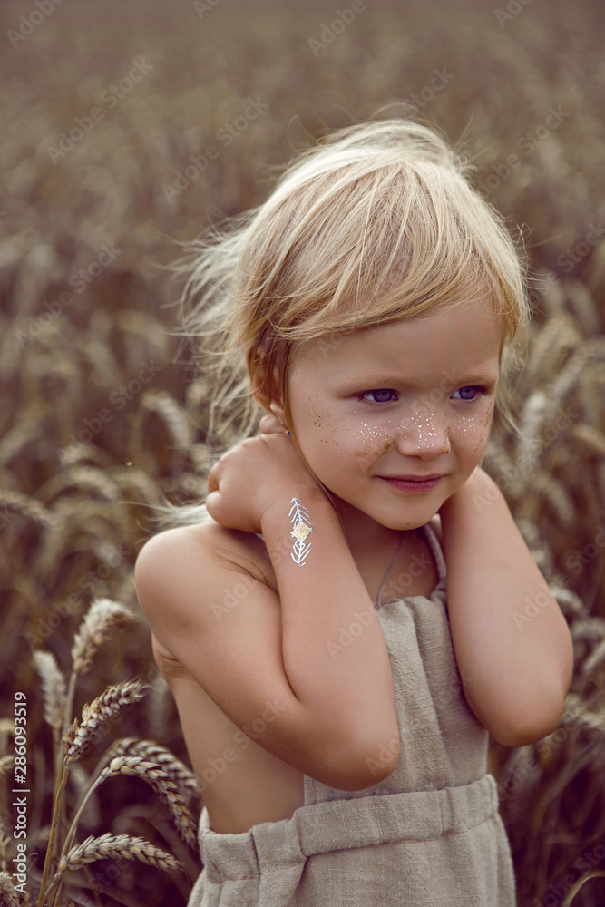 girl in long dress stands in a field with spikelets girl in long dress stands in a field with spikelets