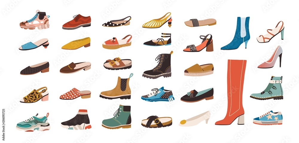 Collection of stylish elegant shoes and boots of different types isolated  on white background. Bundle of trendy casual and formal men's and women's  footwear. Flat cartoon colorful vector illustration. Stock Vector |