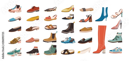 Collection of stylish elegant shoes and boots of different types isolated on white background. Bundle of trendy casual and formal men's and women's footwear. Flat cartoon colorful vector illustration.