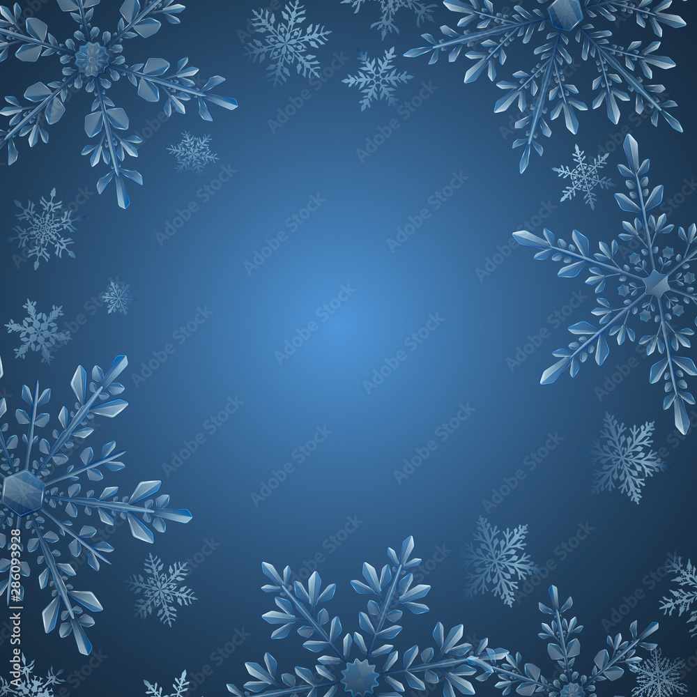 Christmas illustration with frame of large complex translucent snowflakes on light blue background. Transparency only in vector format