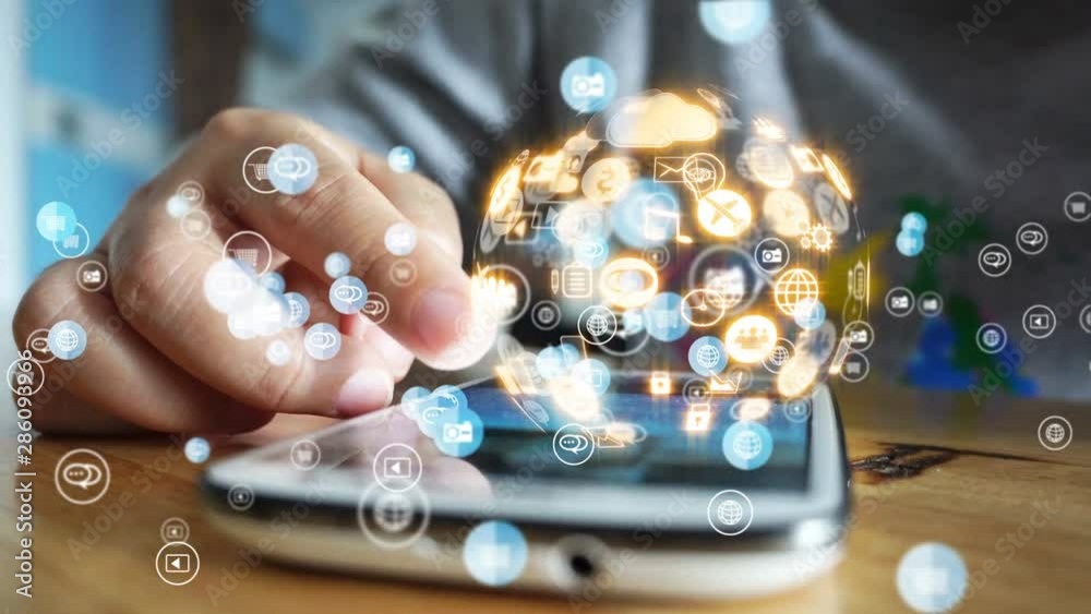 hand touch screen smartphone connect to internet, social media icons interface on screen,New media concept
