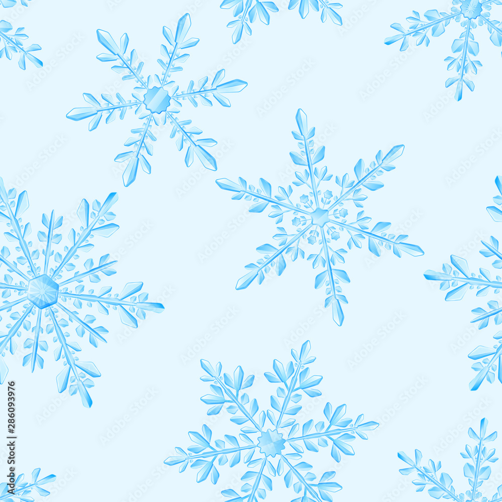 Christmas seamless pattern of large complex translucent snowflakes in light blue colors on white background. Transparency only in vector format Christmas seamless pattern of large complex translucent snowflakes in light blue colors on white background. Transparency only in vector format