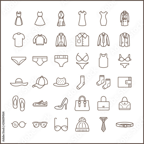 Set of fashion and clothes Icons line style. Included the icons as hat   bag  eyeglasses  dress  tie And Other Elements. customize color   easy resize.