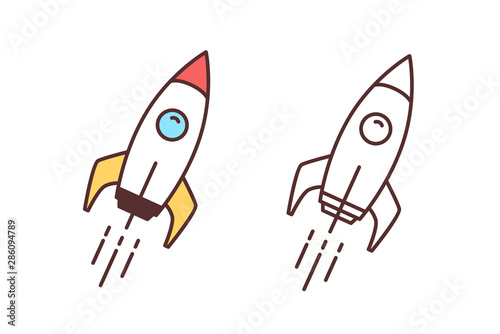 Collection of colorful and monochrome drawings of flying spaceship, spacecraft or shuttle