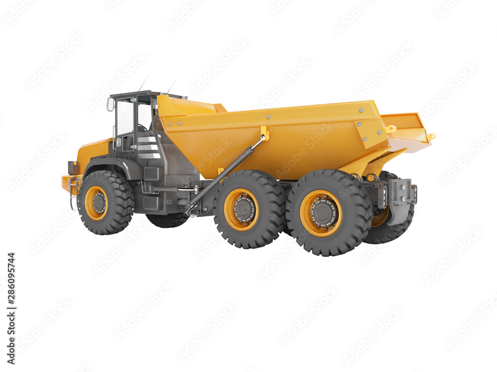 Orange mining dump truck isolated rear view 3D render on white background no shadow
