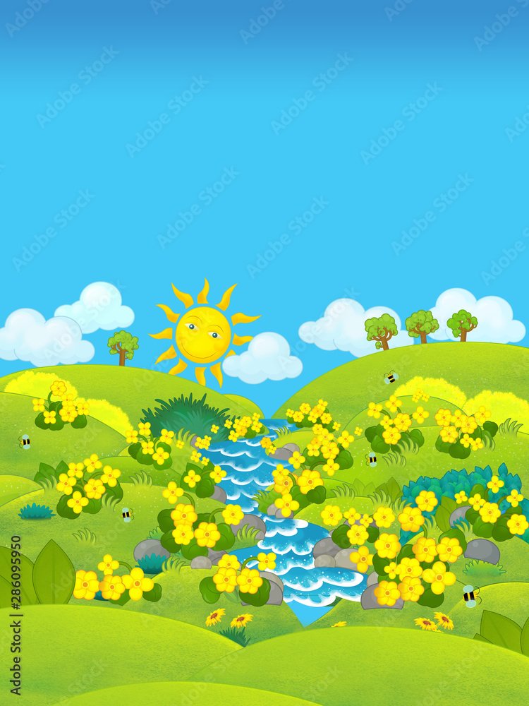 Cartoon beautiful scene of spring or summer meadow - illustration for children
