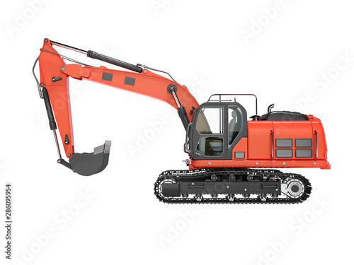 Road building red excavator on metal caterpillar track left side view 3d render on white background no shadow