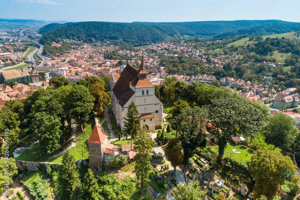 Aerial summer view of the Church on the hill in Sighisoara, Transylvania, Romania
