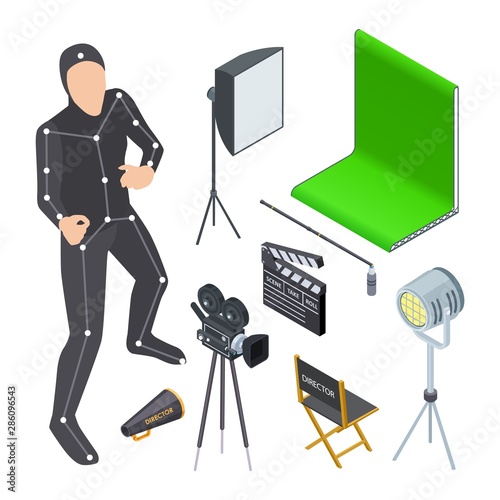 Movie production equipment. Isometric cinematograph elements. Vector camera, light, motion production tv studio, green screen. Production studio for cinema, screen professional isometric illustration