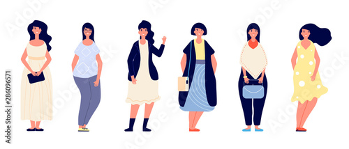 Fat women. Plus size young overweight lady in casual clothes. Beautiful curvy, plump female models. Chubby girl vector isolated set. Illustration plump beauty woman model, female attractive overweight