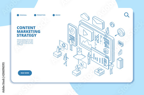 Content marketing landing page. Online contents creation specialist, video marketers and writers. B2b service line isometric concept. Vector blog media, video content service, blogging website content