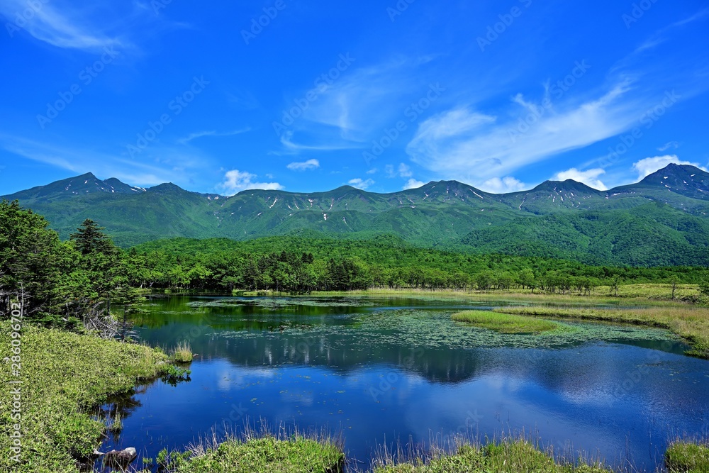 知床五湖で見た知床連山と湖のパノラマ情景@知床、北海道 知床五湖で見た知床連山と湖のパノラマ情景@知床、北海道