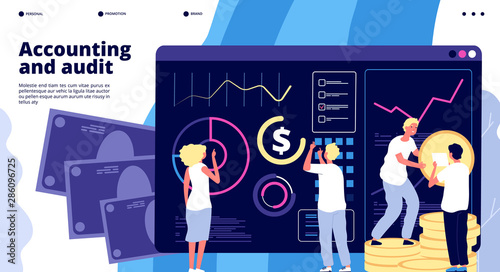 Accounting and audit. Financial management, quality tax administration. Budget and finance evaluation. Business vector landing page. Illustration administration accounting, research balance